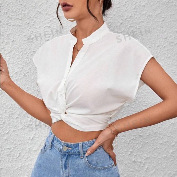 NWT SHEIN Essnce White Twist Front Batwing Sleeve Crop Blouse Size Large - Picture 1 of 3